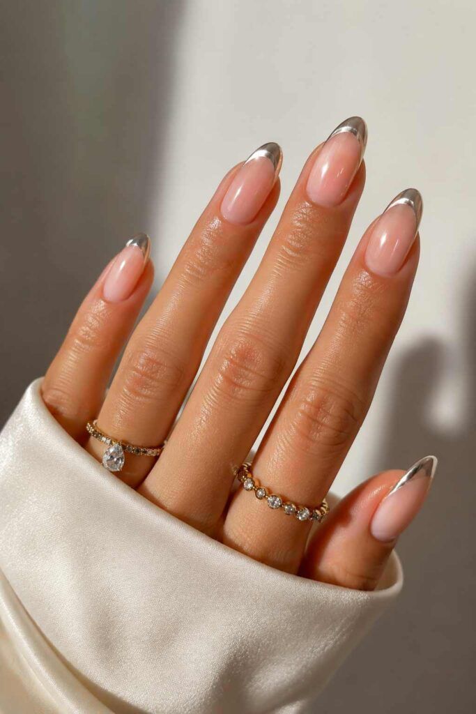 Sharp Silver Metallic French Almonds Sharp Silver Metallic French Almonds β New Years French Tip Nails 2027