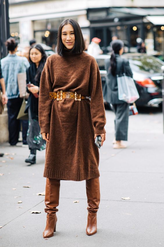 Brown Knit Turtleneck Sweater Dress with Animal Print Belt Brown Knit Turtleneck Sweater Dress with Animal Print Belt โ Sweater Dress Outfits