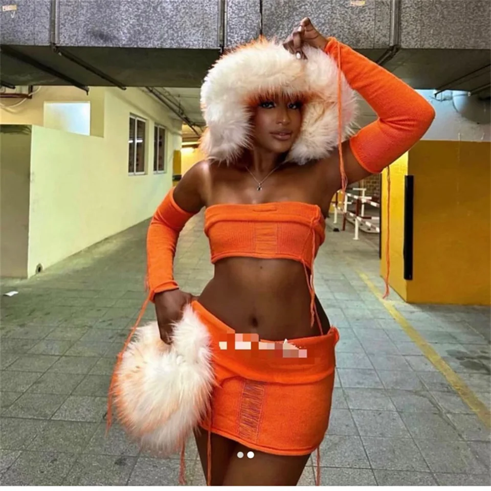 White and Orange Fur Hat with Knit Set and Arm Warmers White and Orange Fur Hat with Knit Set and Arm Warmers β Fur Hat Outfits