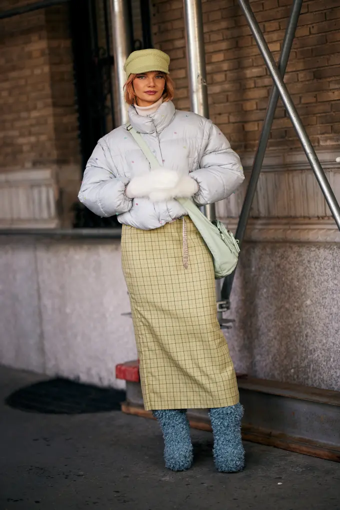 Light Blue Puffer Jacket with Plaid Maxi Skirt for Playful Winter Layers — NYC Winter Outfits