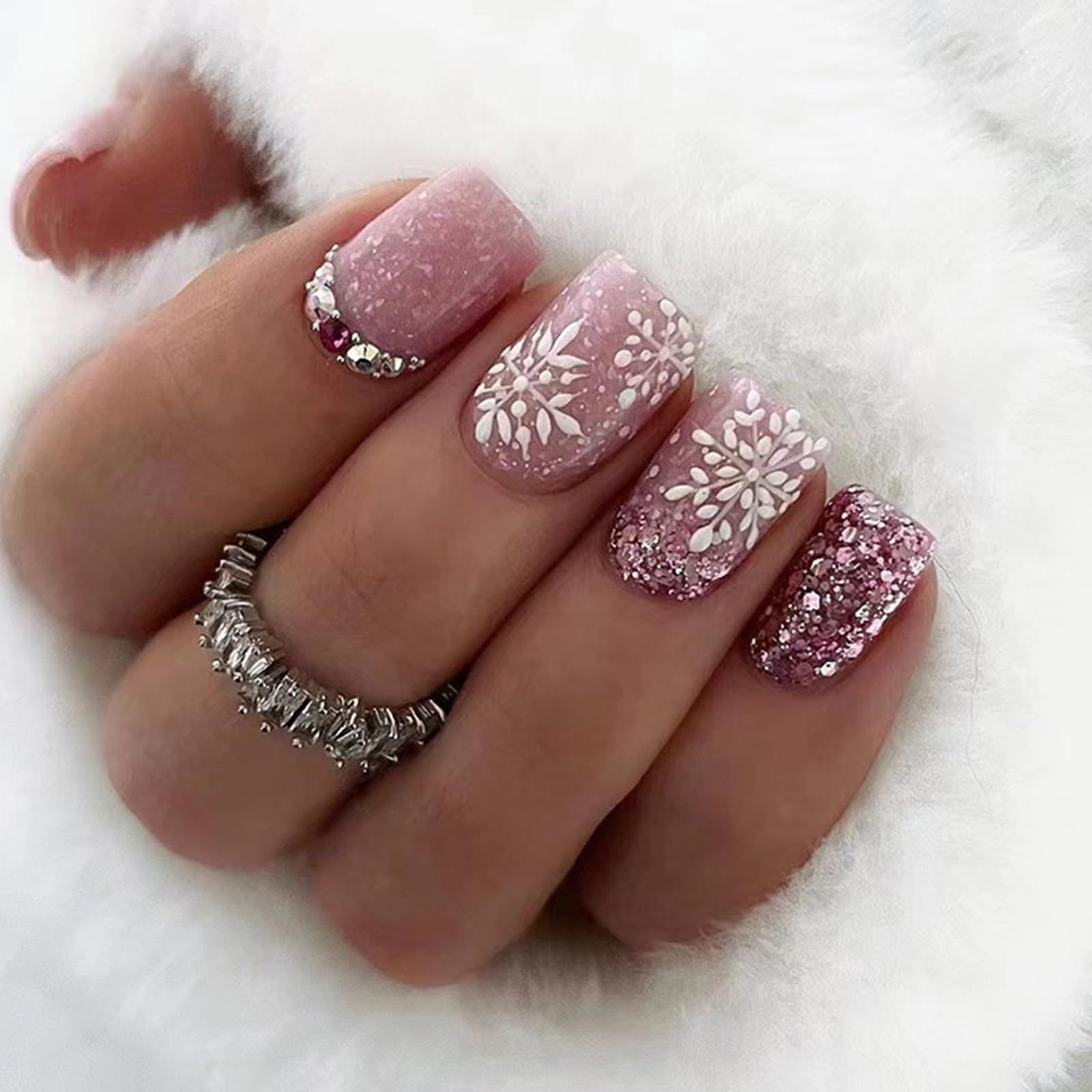 Short Square Pink Nails with Snowflakes Short Square Pink Nails with Snowflakes β Christmas Acrylic Nails 2026