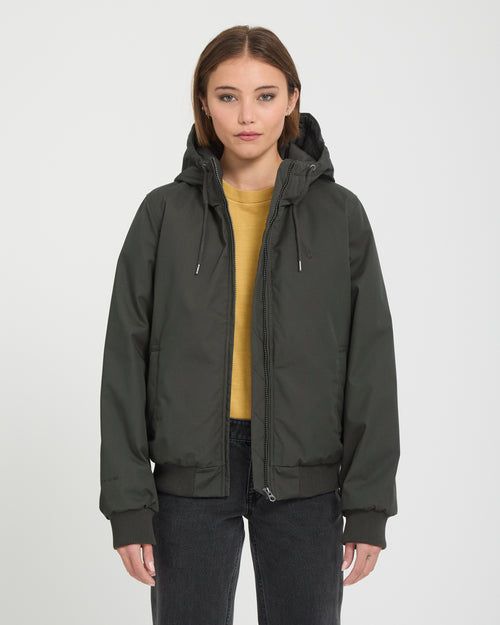 Dark Green Hooded Bomber Jacket with Ribbed Trim — Winter Jackets for Women