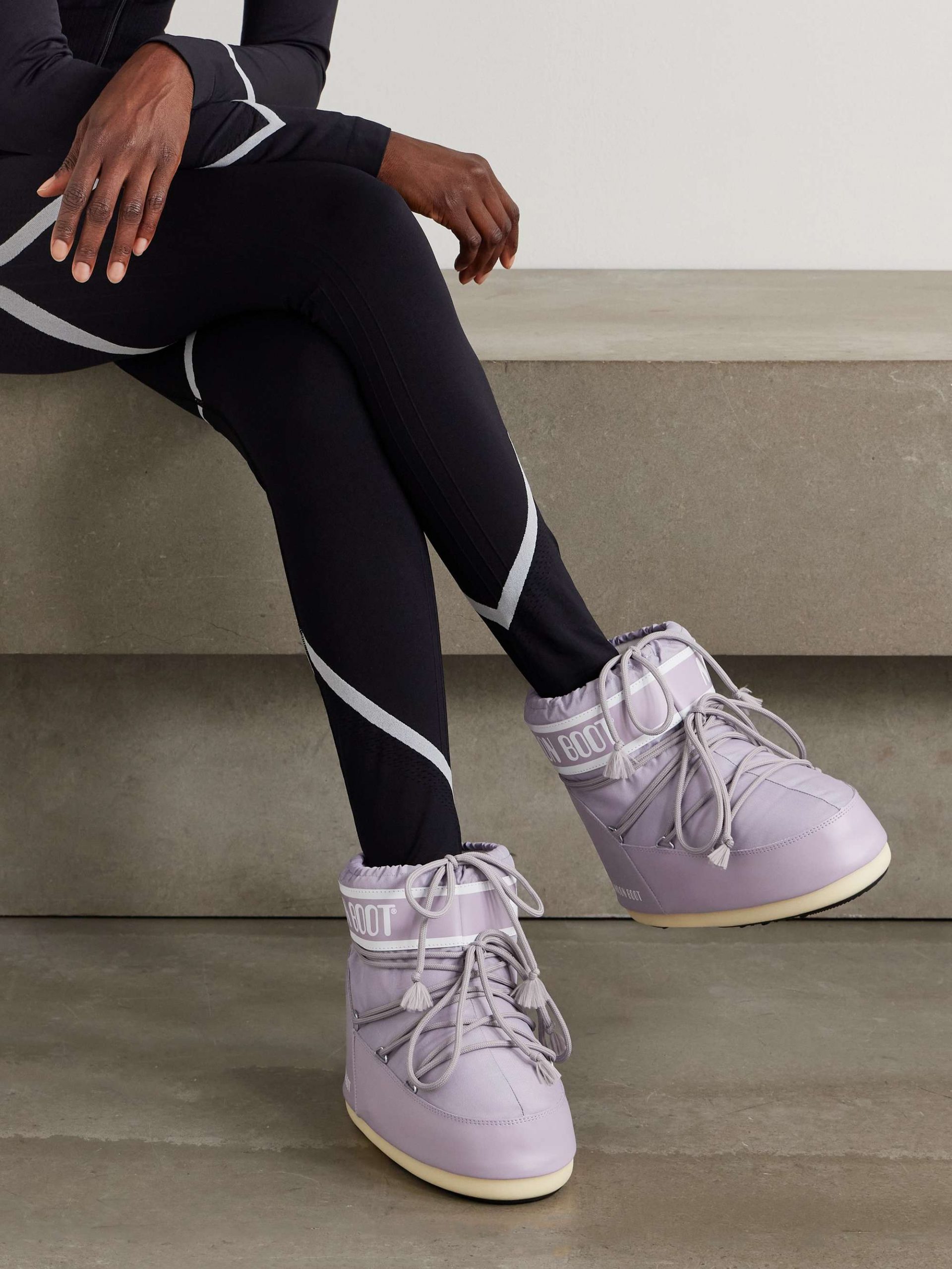 Pastel Power: Light Purple Moon Boots with Athletic Top — Moon Boots Outfits