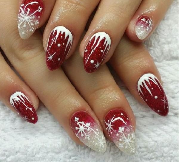 Red Base with Snowflake Glitter Ombre Red Base with Snowflake Glitter Ombre β Winter Red Nails