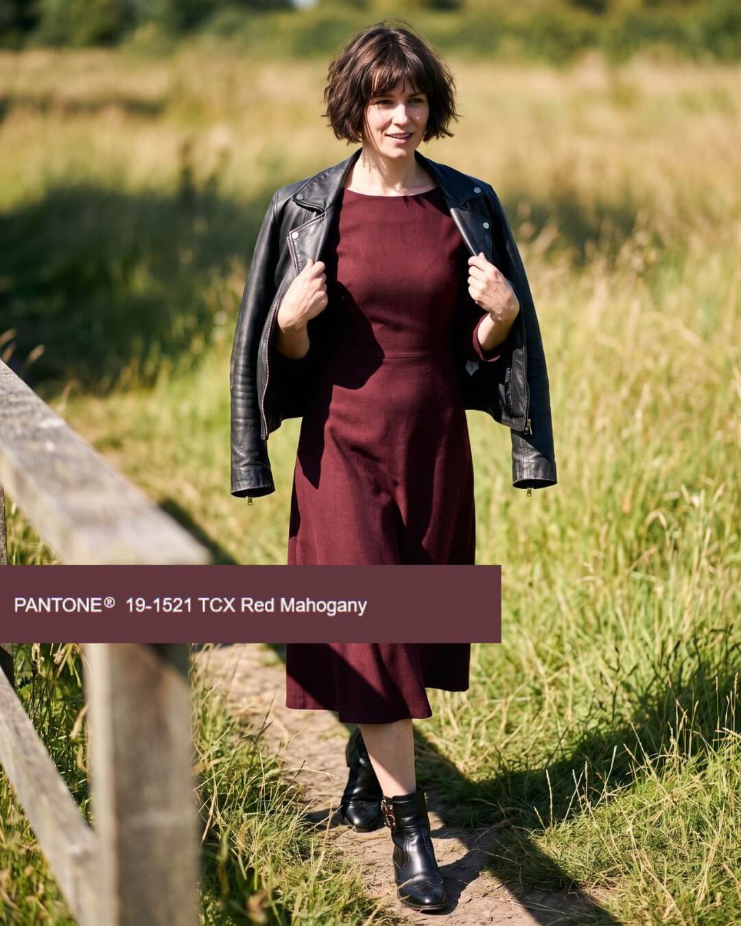Burgundy Linen-Blend Dress with a Black Leather Jacket Burgundy Linen-Blend Dress with a Black Leather Jacket β Burgundy Outfits