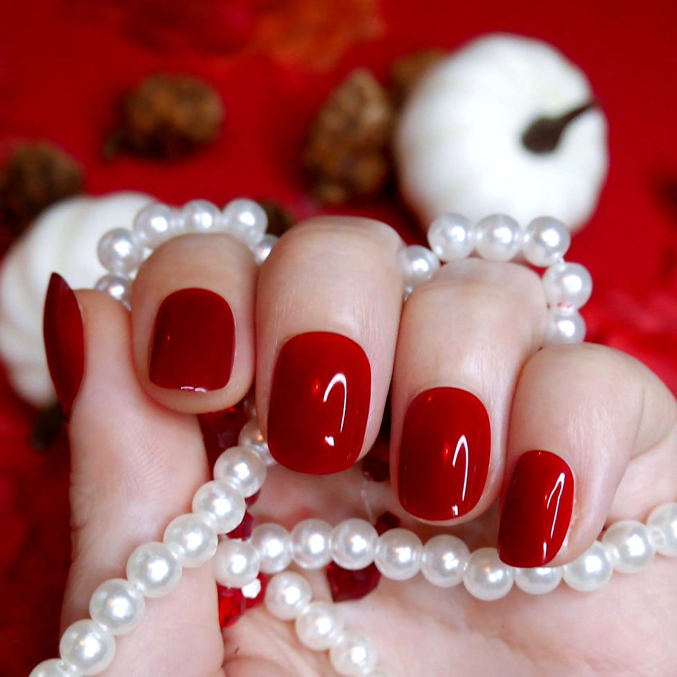 Any Short Square Cherry Red With Pearls Any Short Square Cherry Red With Pearls β Cherry Red Nails