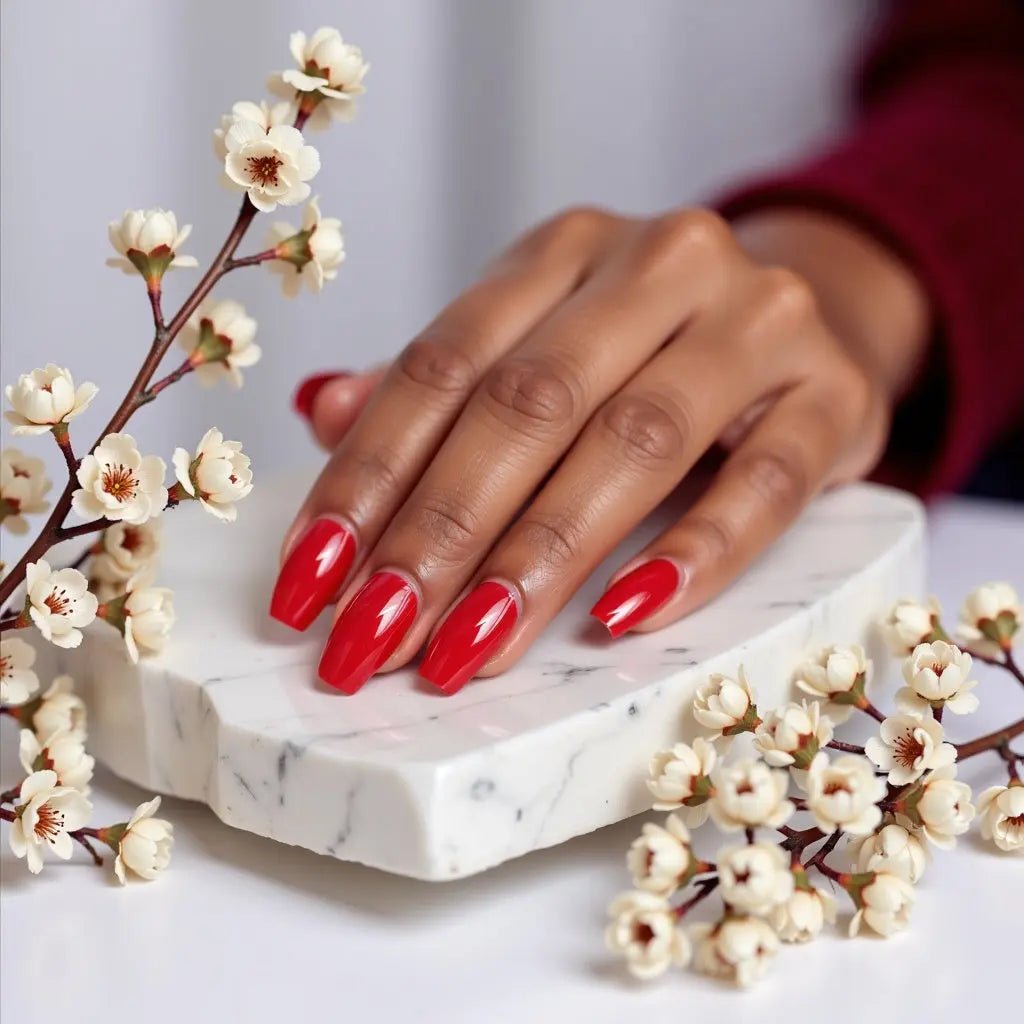 None Vibrant Red Glossy Coffin Nails None Vibrant Red Glossy Coffin Nails β Medium Length Winter Nails
