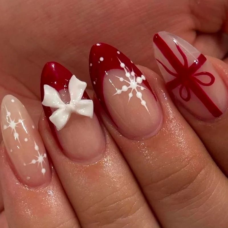 Glossy Matte Bow Visual Idea — Easy Christmas Nails 2026