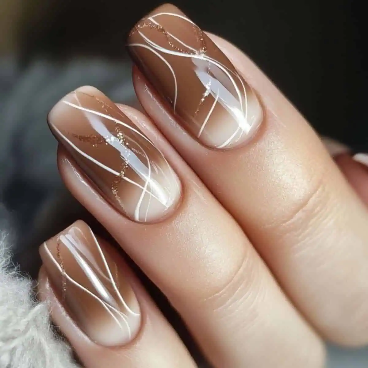 Brown Beige Gradient with White Lines Brown Beige Gradient with White Lines β Winter Ombre Nails