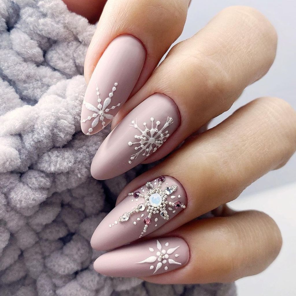 Matte Dusty Rose Snowflake Gems — Winter Nude Nails