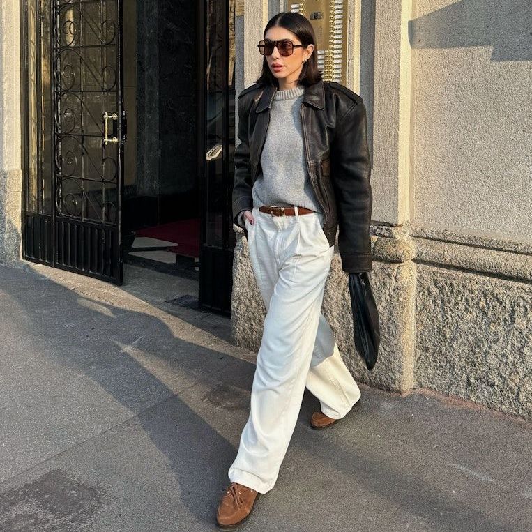 Brown Lace-Up Boots with Wide-Leg Trousers and Leather Jacket Brown Lace-Up Boots with Wide-Leg Trousers and Leather Jacket β Timberland Boots Outfits
