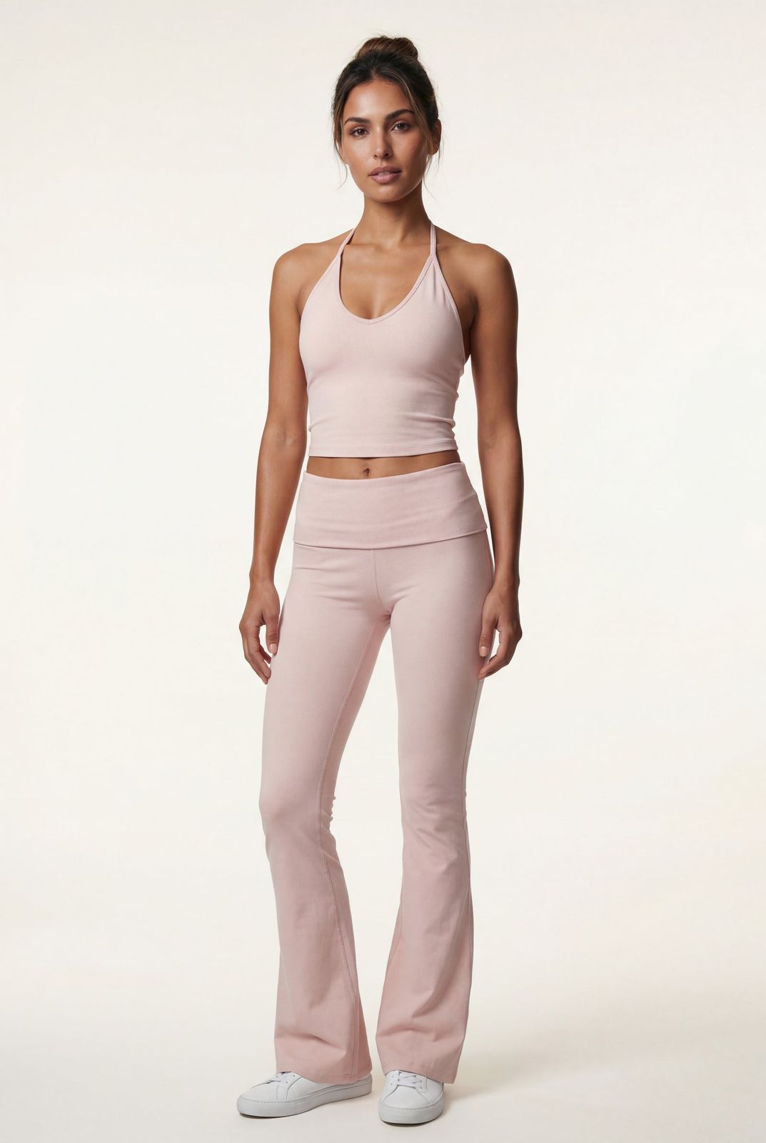 Cozy Athleisure: Pale Pink Ribbed Knit Loungewear Set — Flare Leggings Outfits