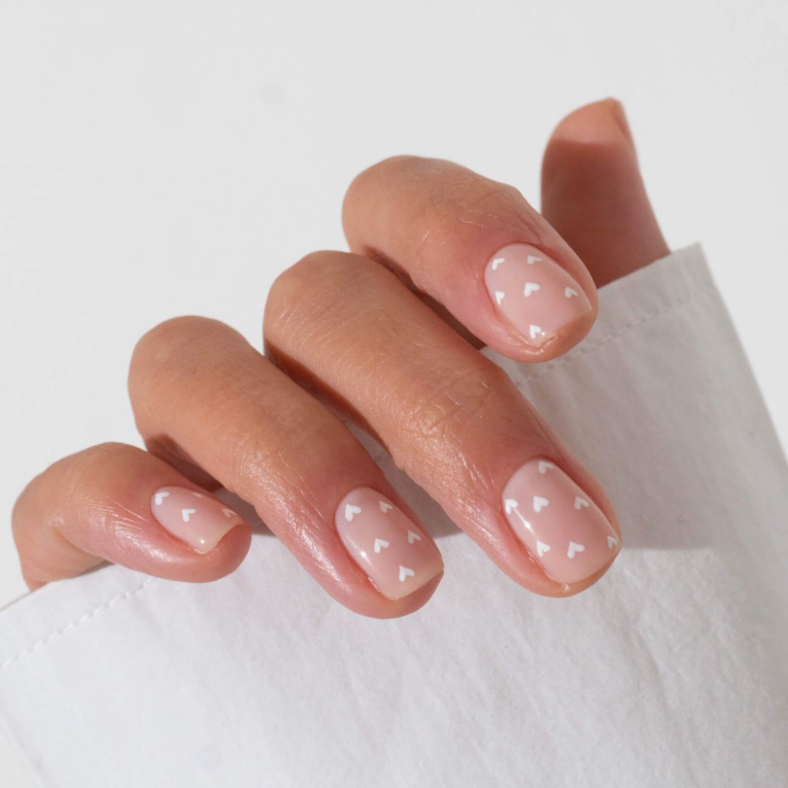 Pale Pink with White Heart Decals Short Rounded Square Nails — Winter Nail Colors for Pale Skin