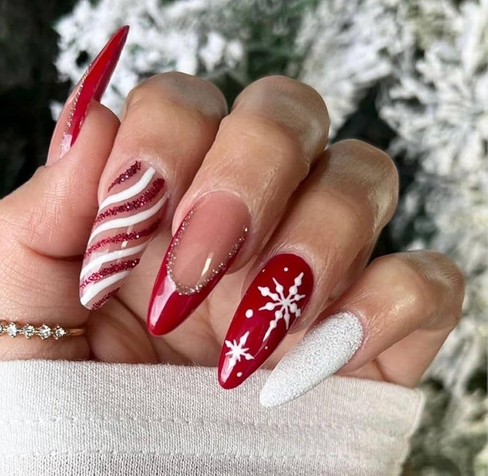 Red and White Candy Cane Stilettos — Cute Christmas Nails 2026