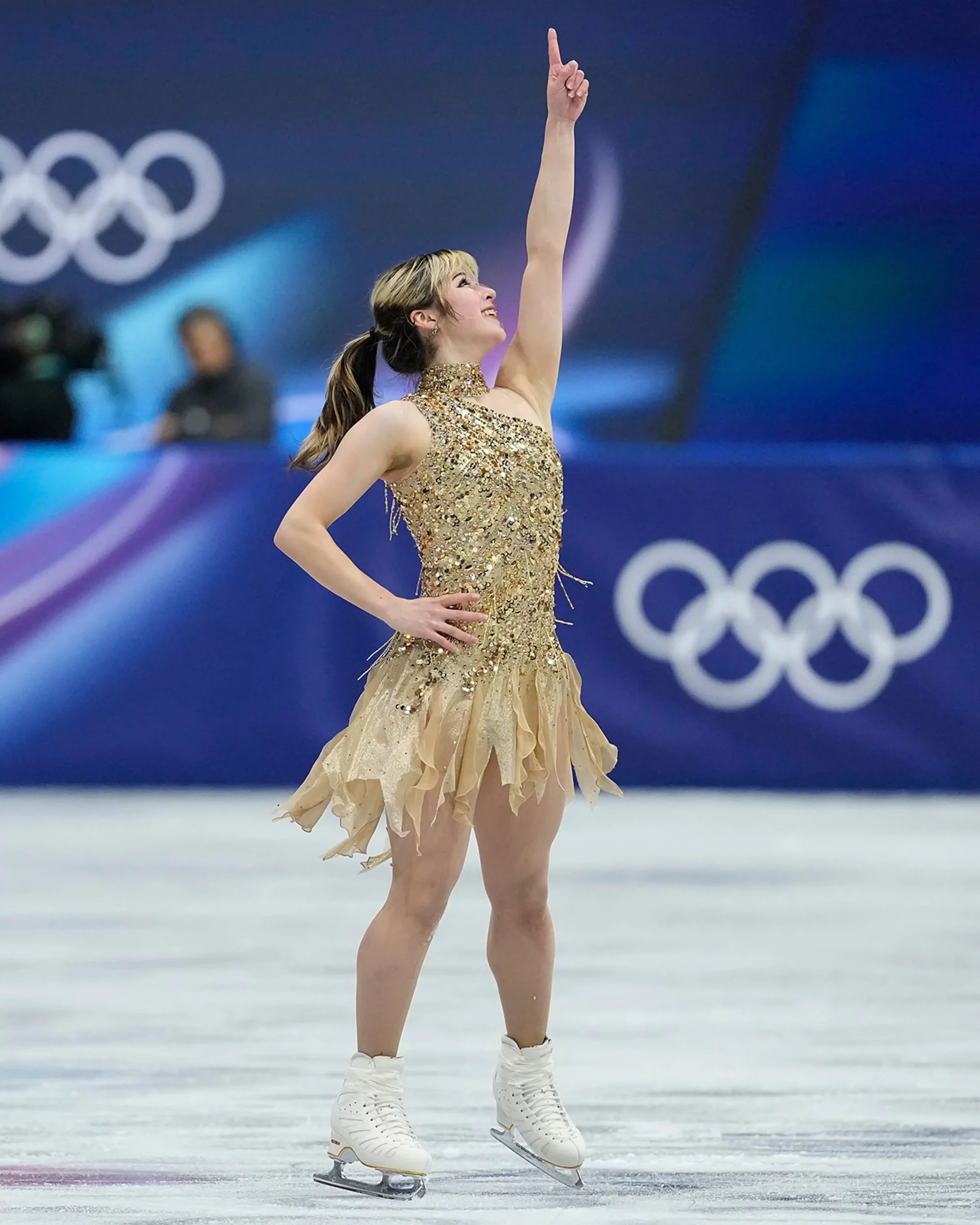 Gold Sequined One-Shoulder Dress with Layered Skirt Gold Sequined One-Shoulder Dress with Layered Skirt β Ice Skating Outfits