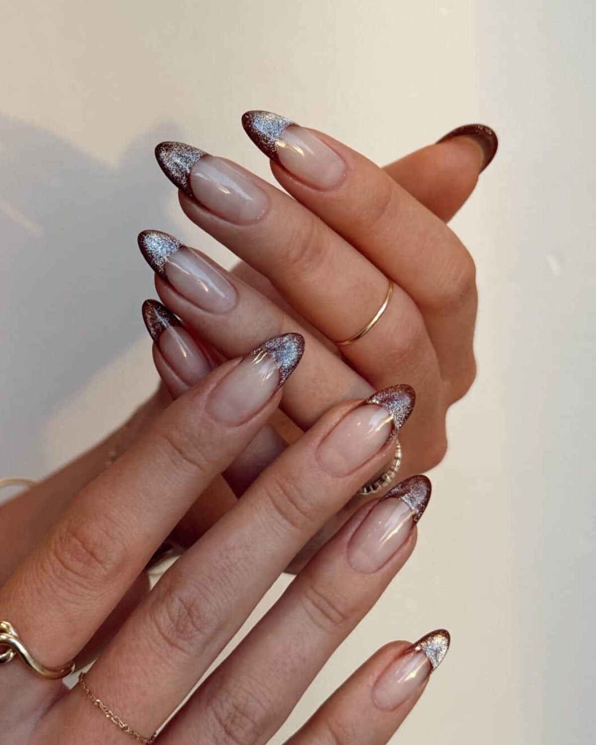 V-Shaped Glitter French Almond Nails V-Shaped Glitter French Almond Nails โ Winter Formal Nails