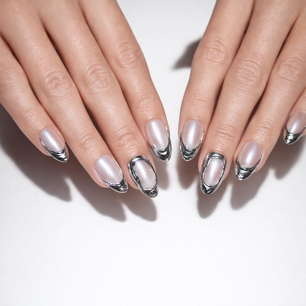 French Tips On All Nails Nude Base with Chrome French Tip — Silver Chrome Nails