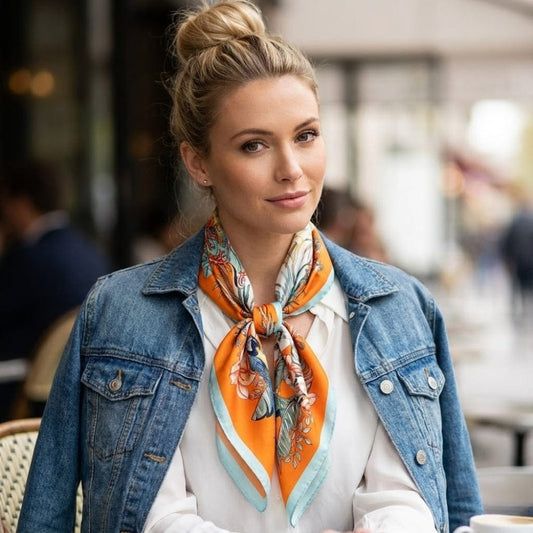 Brightly Colored Scarf with Denim Jacket and White Shirt Brightly Colored Scarf with Denim Jacket and White Shirt β Scarf Outfits