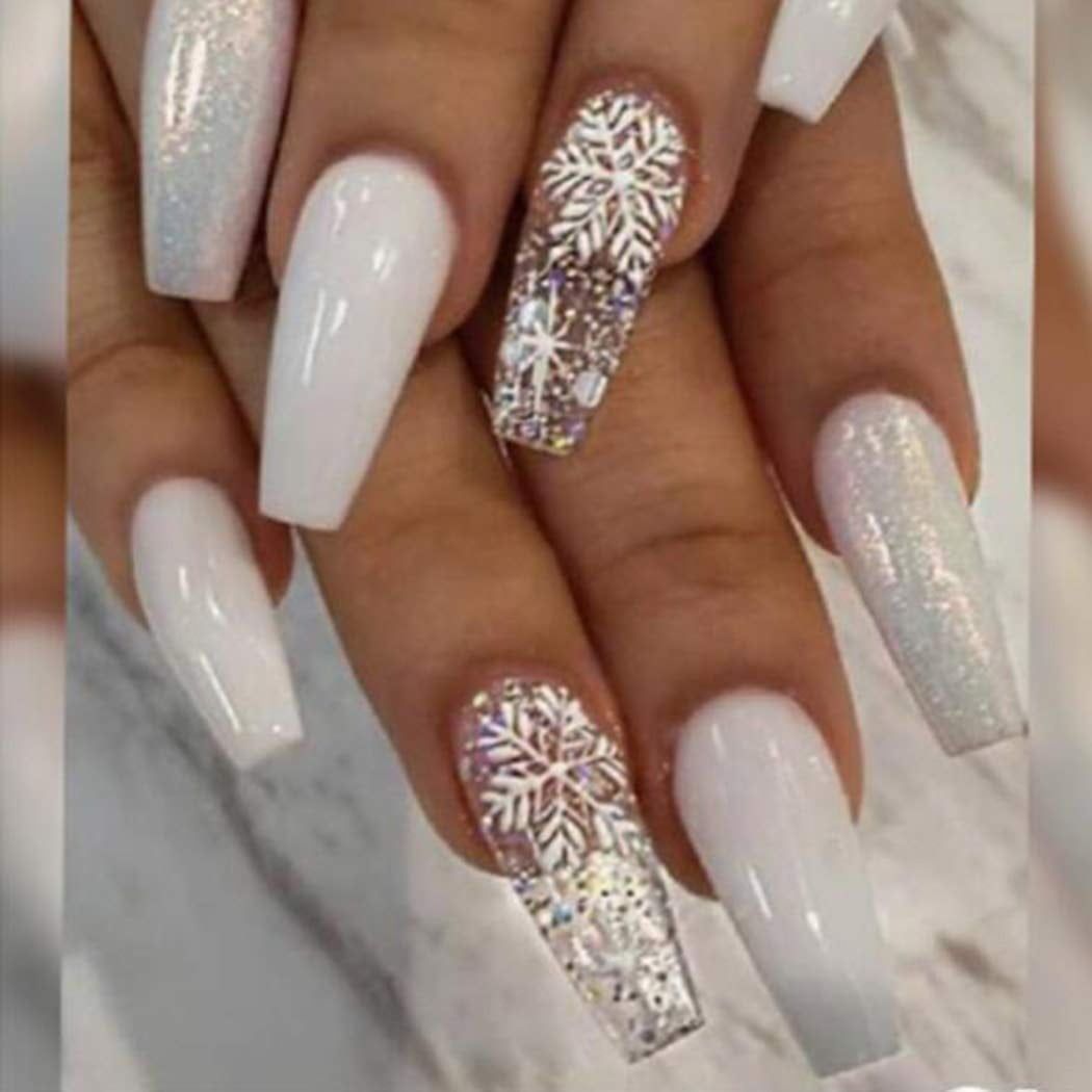 White Snowflake Glitter Long Coffin Nails White Snowflake Glitter Long Coffin Nails β New Years Coffin Nails 2027