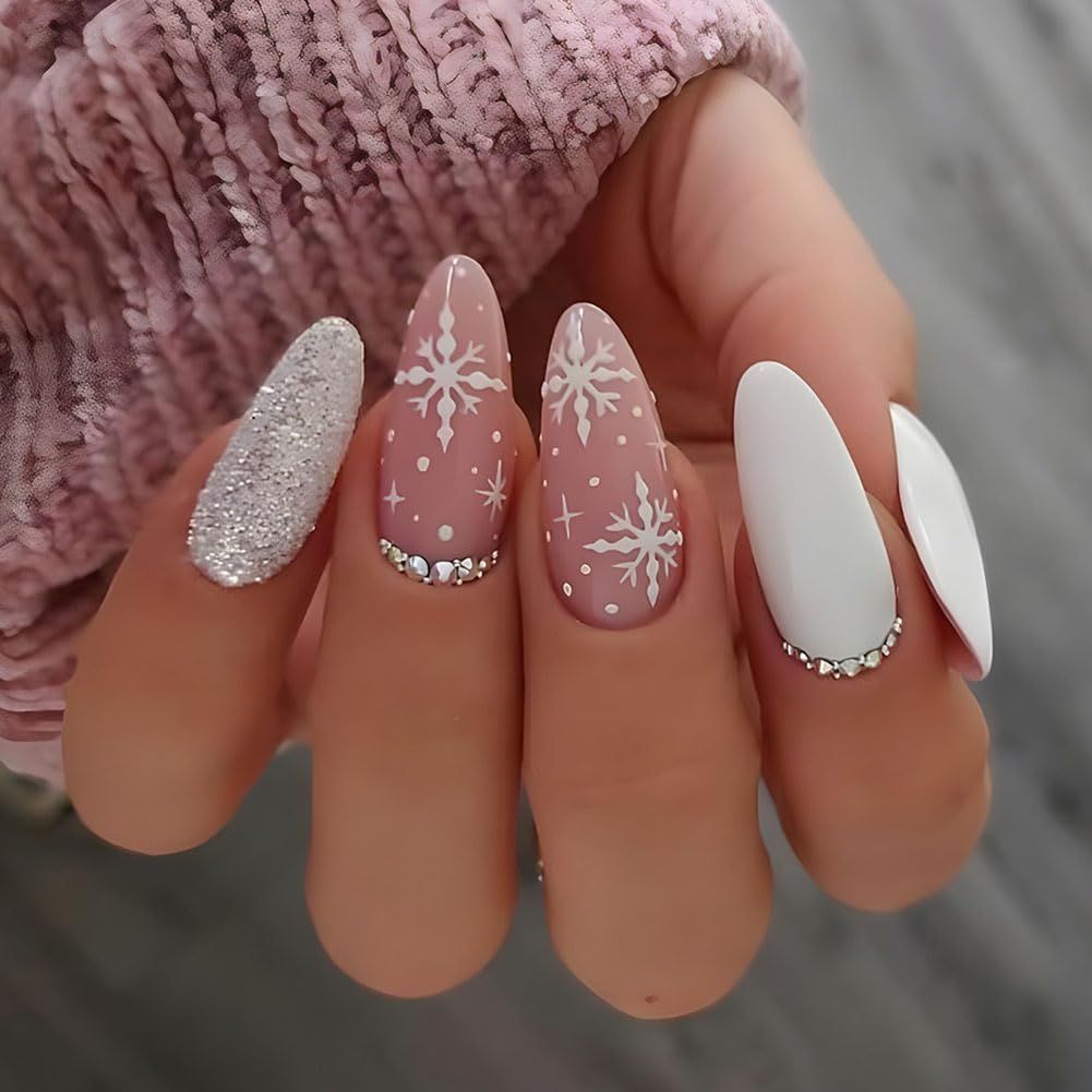 Sheer Pink Snowflake Glitter Almonds — Long Christmas Nails 2026