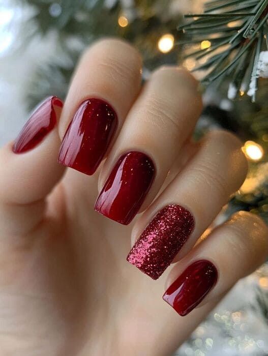 Glitter Accent On Ring Finger Visual Idea Glitter Accent On Ring Finger Visual Idea β Burgundy Christmas Nails 2026