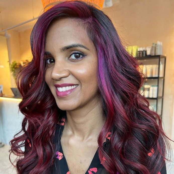 Deep Red Base With Pink Highlights — Cherry Cola Hair Color