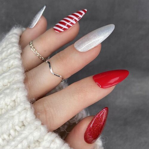 Candy Cane Stripe and Glitter French Stilettos — Christmas Stiletto Nails 2026