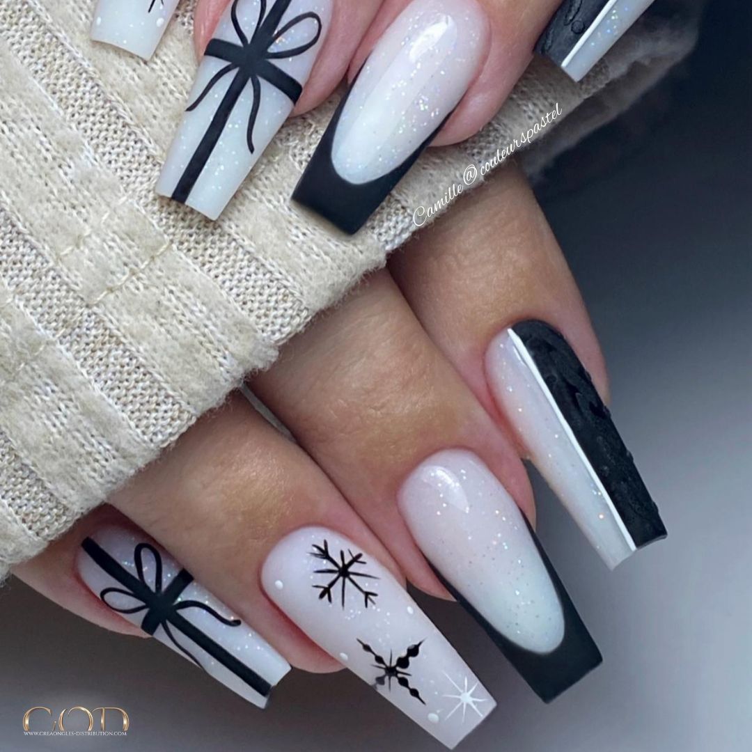 Black and White Gift Bow Coffin Nails Black and White Gift Bow Coffin Nails β Christmas Nail Colors 2026