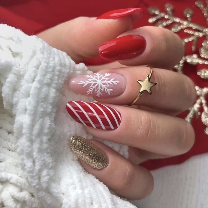 Snowflake Candy Cane Oval Nails Snowflake Candy Cane Oval Nails β Christmas Nails 2026