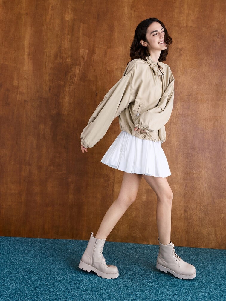 Beige Lace-Up Boots with a Ruffled Mini Dress Beige Lace-Up Boots with a Ruffled Mini Dress β Ankle Boots Outfits