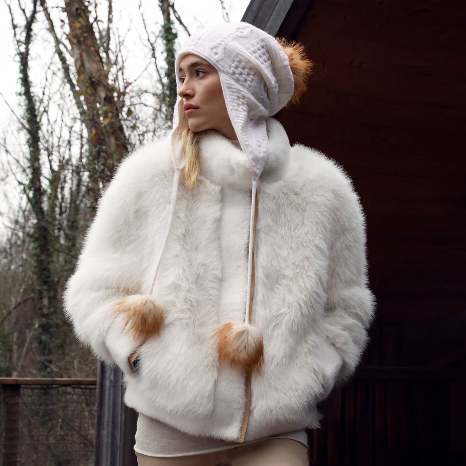 White Fur Jacket with Tan Pom-Pom Details — Winter White Outfits