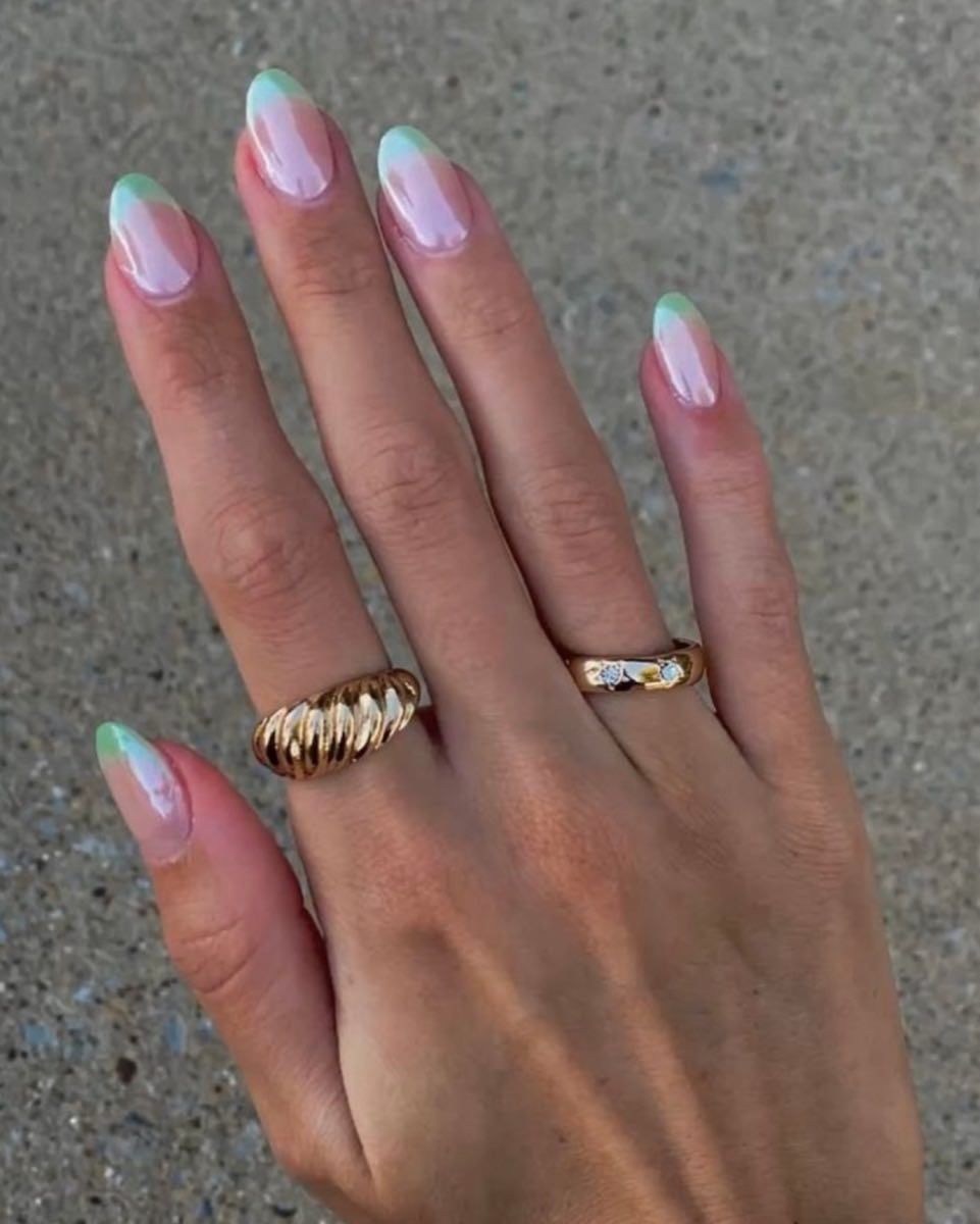 Pearlescent Mint Green Almond French Tips Pearlescent Mint Green Almond French Tips β Winter to Spring Transition Nails