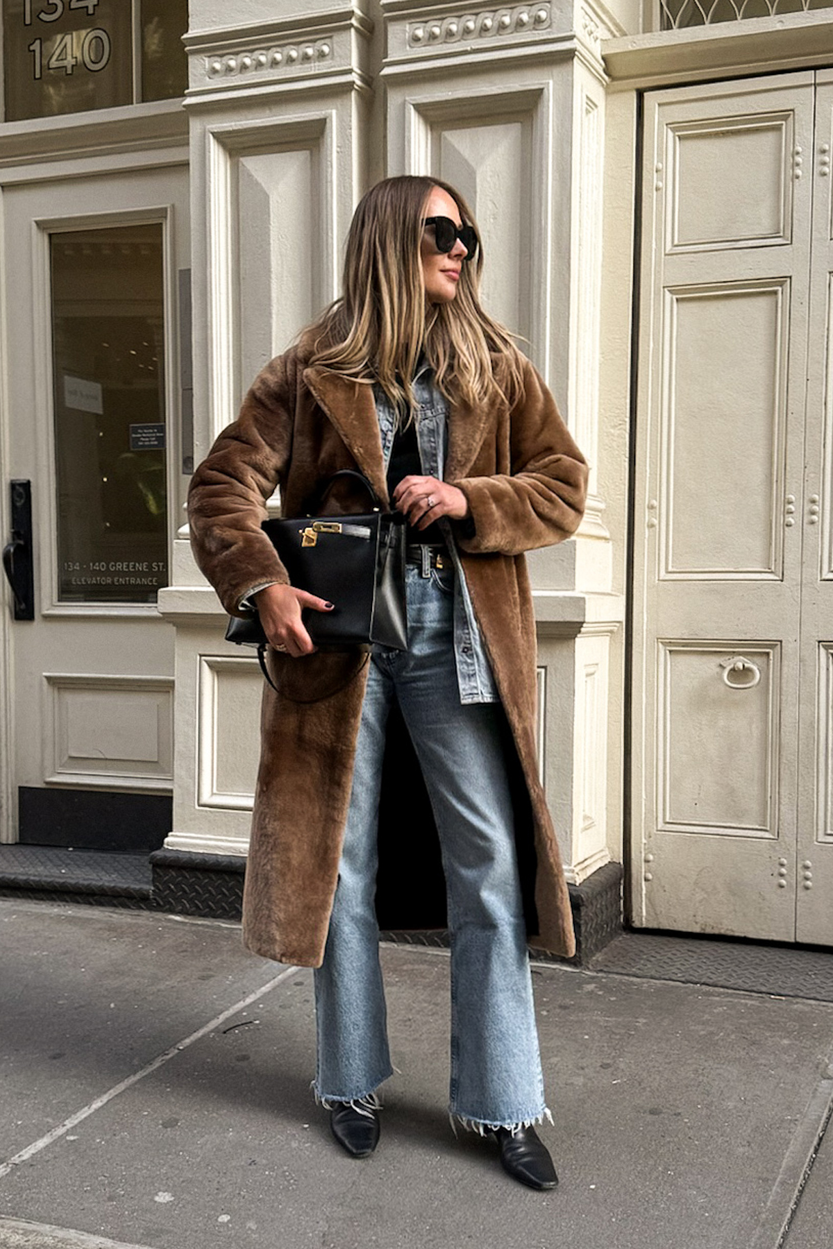 Textural Brown Faux Fur Coat Over Denim — Brown Coat Outfits