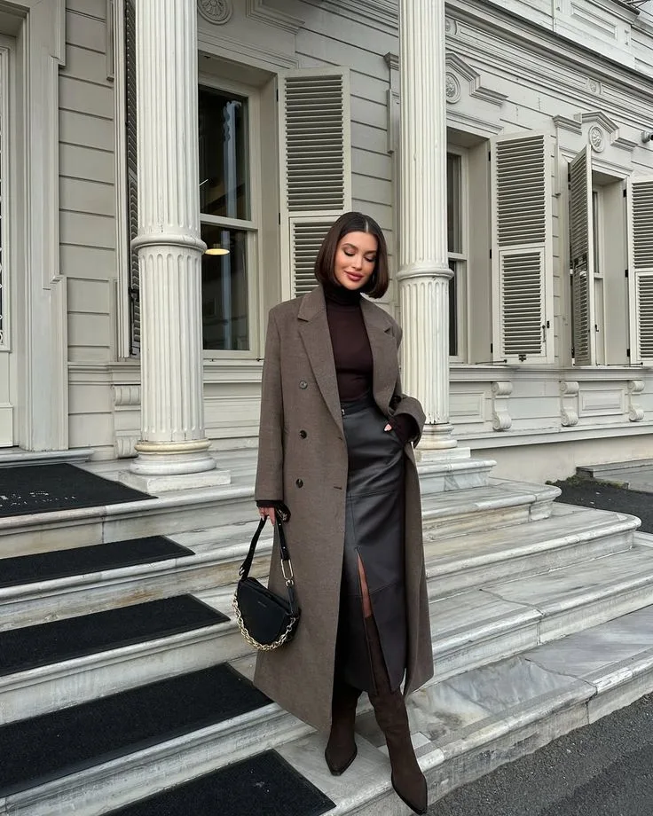 Sophisticated Layers: Grey Wool Coat over Leather Skirt Sophisticated Layers: Grey Wool Coat over Leather Skirt β Old Money Winter Outfits