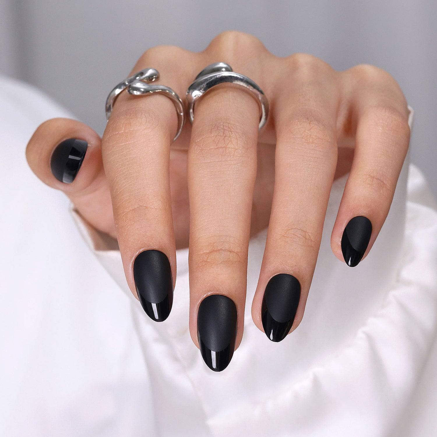 French Tips On All Nails Matte Black with Glossy French Tips Medium Almond Nails French Tips On All Nails Matte Black with Glossy French Tips Medium Almond Nails β Winter Matte Nails