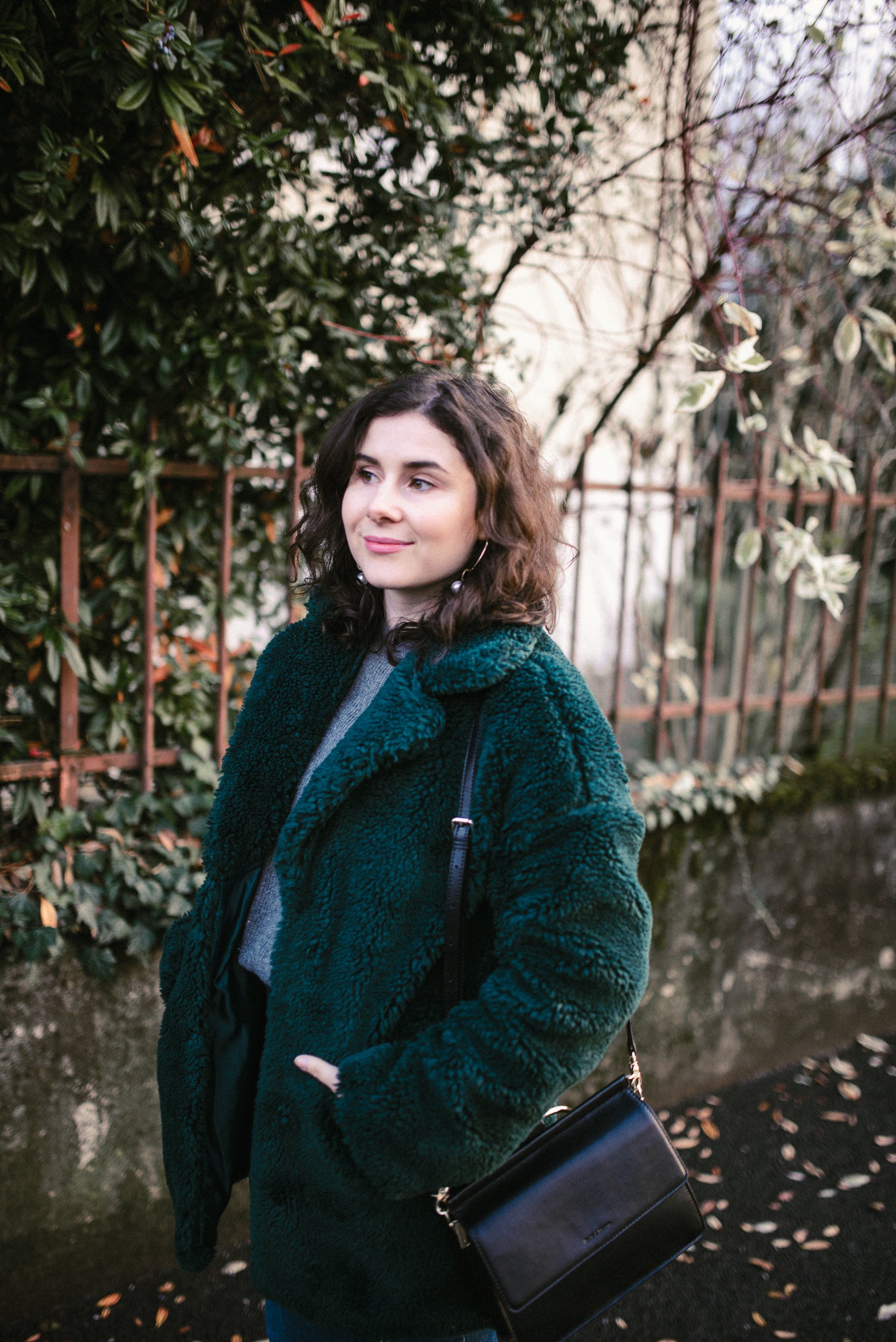 Cozy Dark Green Teddy Coat with Knit Sweater — Teddy Coat Outfits