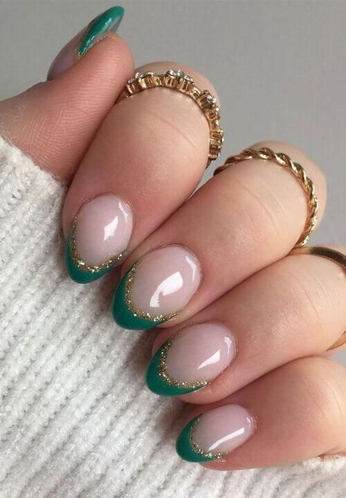 Green French Tips with Gold Glitter Outline Green French Tips with Gold Glitter Outline β Green Christmas Nails 2026