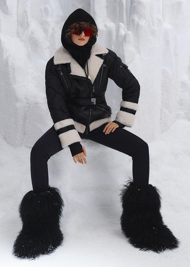 Puffer Jacket with Shearling Trim and Fluffy Boots — All Black Winter Outfits