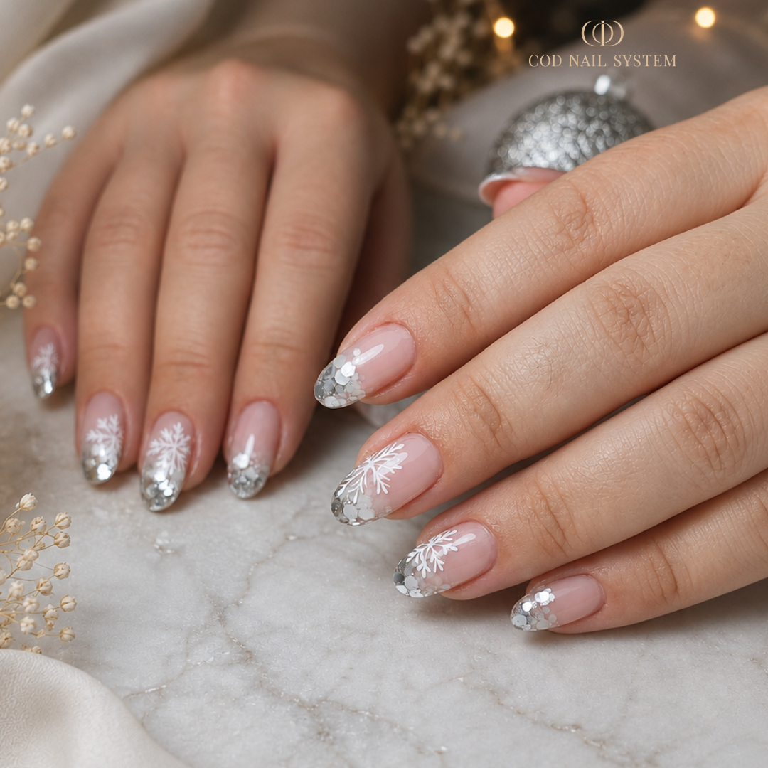 Short Oval Glitter French with Snowflakes — New Years Eve Nails 2027