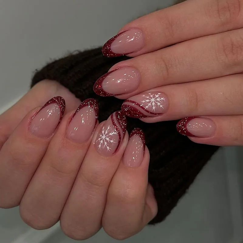 Oval Nails with Glitter French Tips Oval Nails with Glitter French Tips β Christmas Acrylic Nails 2026