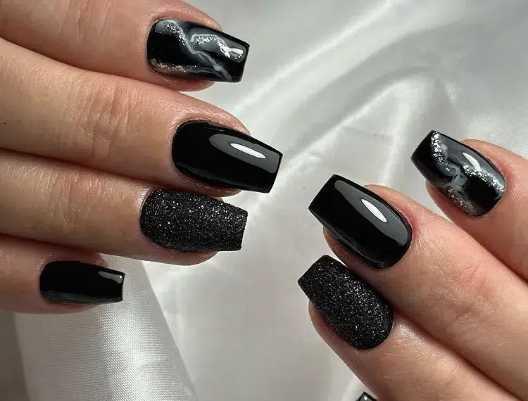 Black and White Marble Short Square Nails — Winter Black Nails