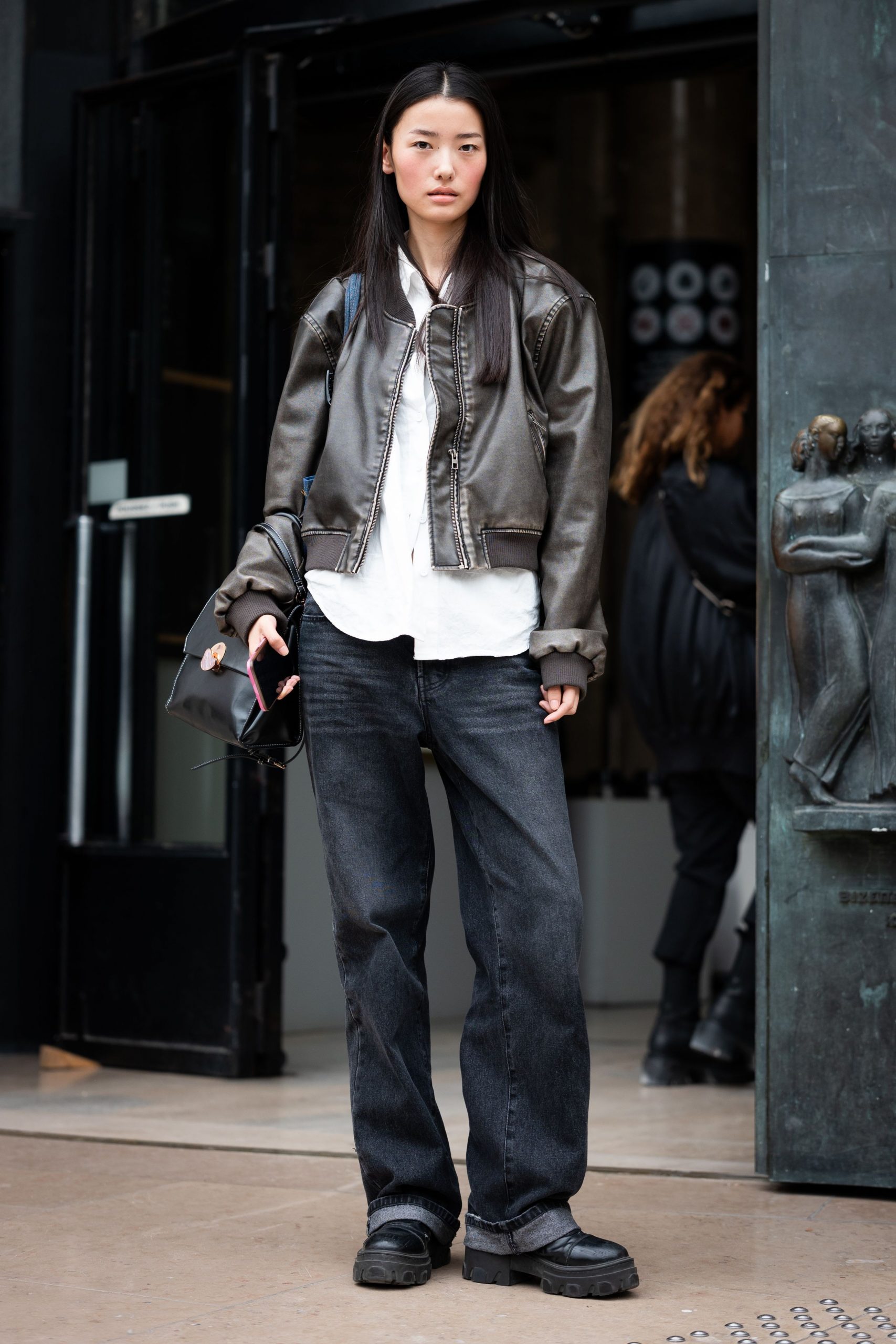 Casual Cool: Leather Bomber Jacket and Button-Down with Dark Wash Wide Leg Jeans — Winter Outfits with Wide Leg Jeans