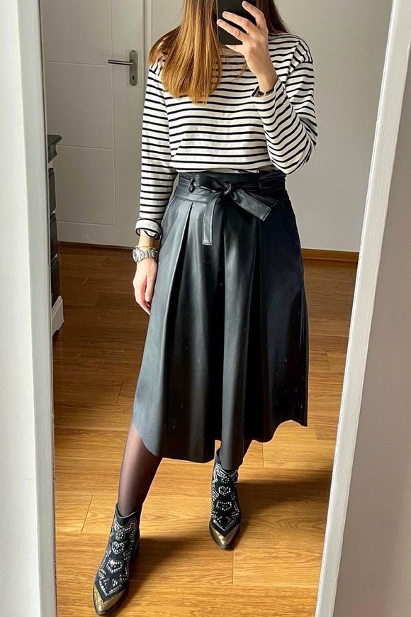Stripes and Embellishments: Tie-Waist Leather Skirt — Leather Skirt Outfits