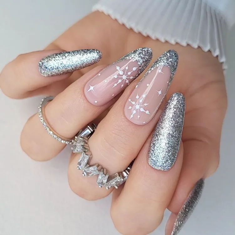 Silver Glitter Snowflake Stiletto Nails Silver Glitter Snowflake Stiletto Nails β Christmas Nail Trends 2026