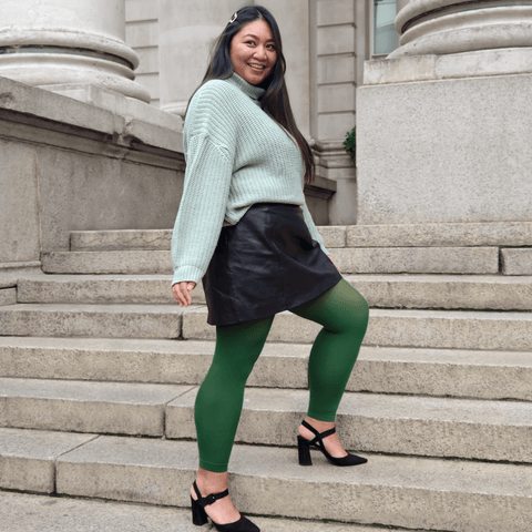 Green Opaque Tights with Blue Sweater and Black Mini Skirt Green Opaque Tights with Blue Sweater and Black Mini Skirt β Tights Outfits