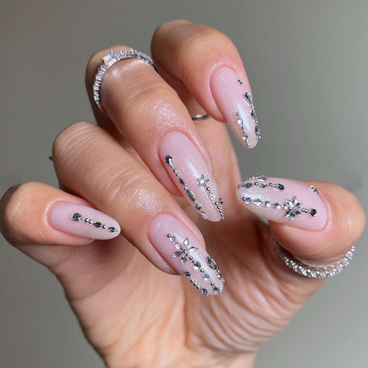 Long Stiletto Rhinestone Glitter Snowflakes Long Stiletto Rhinestone Glitter Snowflakes β Winter Pink Nails