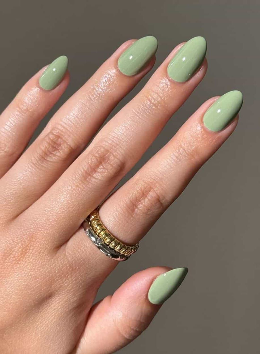 Soft Sage Glossy Almonds Soft Sage Glossy Almonds โ Winter Green Nails