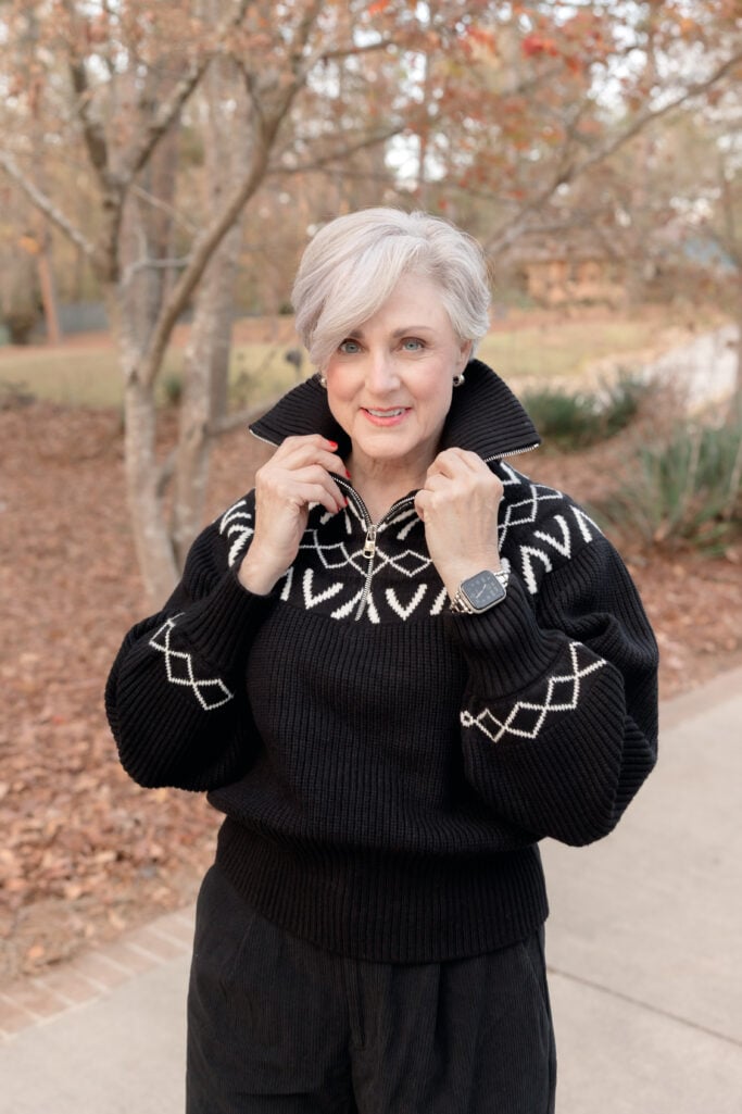 Black Fair Isle Sweater with Dark Trousers for a Sleek Look Black Fair Isle Sweater with Dark Trousers for a Sleek Look โ Fair Isle Sweater Outfits