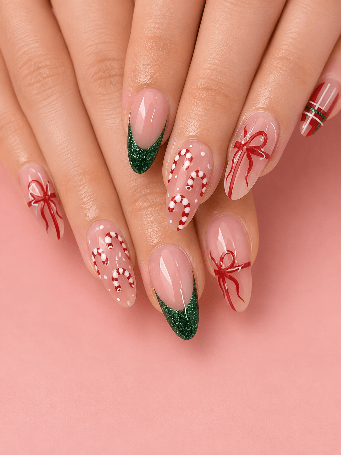 Candy Cane Plaid Almonds with Bows — Red and Green Christmas Nails 2026