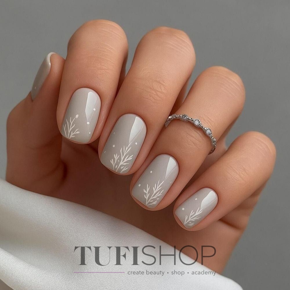 Winter grey manicure | white painting with twigs | TUFISHOP